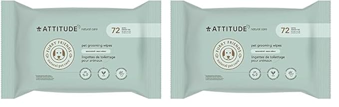 ATTITUDE Pet Grooming Wipes, Hypoallergenic Plant and Mineral-Based Ingredients, Vegan and Cruelty-Free Biodegradable Products, Unscented, 72 count (Pack of 2)