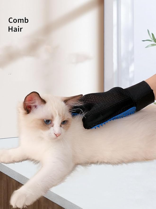 Blue Pet Grooming Glove for Right Hand and Deshedding Undercoat Rake Combo,Gentle Scrub Dematting Fur for Cats Dogs,Efficient Pet Hair Remover