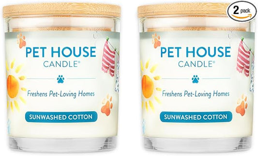 One Fur All Pet House Candle 2 Pack - Plant-Based/Soy, Long Lasting, Pet Odor Eliminating, Sunwashed Cotton Scented Candles