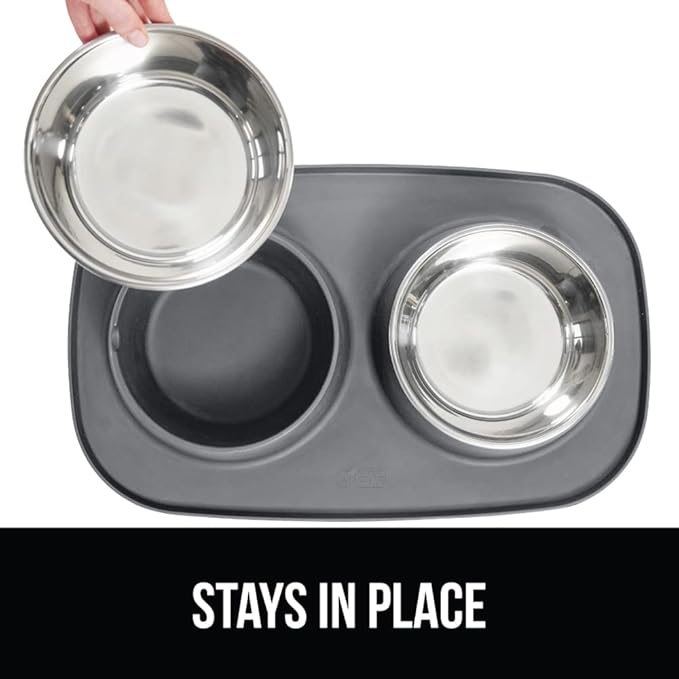GORILLA GRIP Patent Pending 100% Waterproof BPA Free Cat and Dog Bowls Silicone Feeding Mat Set, Stainless Steel Bowl Slip Resistant Raised Edges, Catch Water, Food, Pet Accessories, 1 Cup, Gray