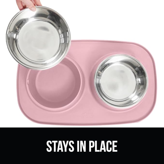 GORILLA GRIP Patent Pending 100% Waterproof BPA Free Cat and Dog Bowls Silicone Feeding Mat Set, Stainless Steel Bowl Slip Resistant Raised Edges, Catch Water, Food, Pet Accessories, 1 Cup, Light Pink