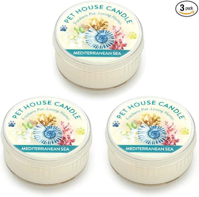Pet House Mini Candles for Pet Odor Made with Natural Soy Wax, Plant Based, Dog and Cat Friendly Scented Candles, Mediterranean Sea Pack of 3