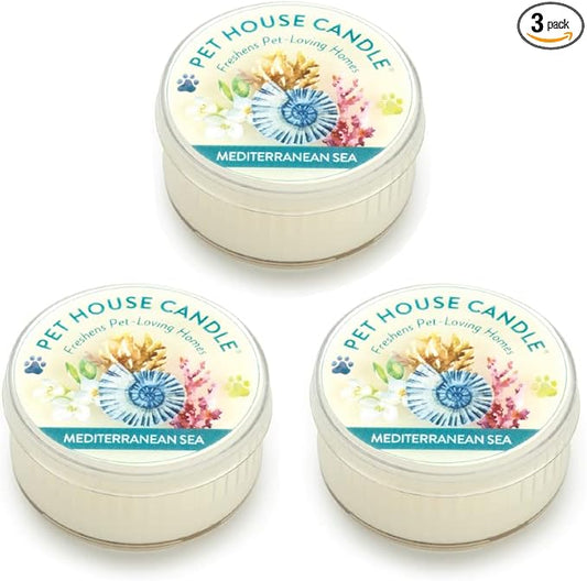 Pet House Mini Candles for Pet Odor Made with Natural Soy Wax, Plant Based, Dog and Cat Friendly Scented Candles, Mediterranean Sea Pack of 3