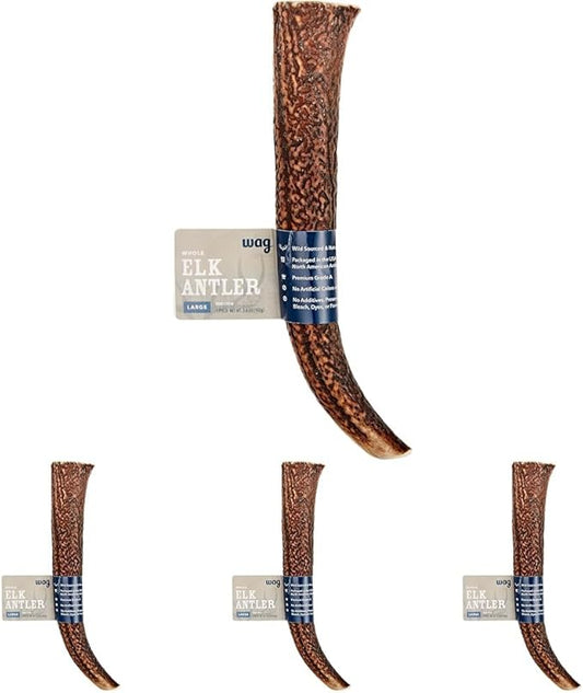 Amazon Brand - Wag Dog Elk Antler Chew, Naturally Shed, Whole, Large 8-9.5 inches (Best for Dogs 30-45 lbs), 3.60 Ounce (Pack of 4)