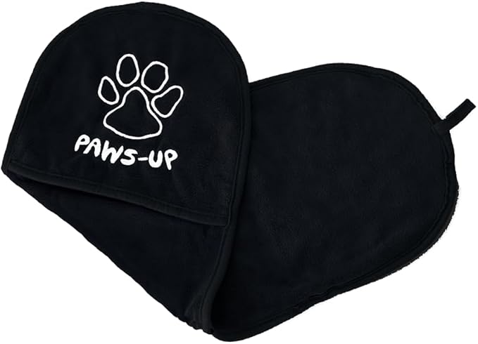 Paws-up Paw Cleaning Towel for Dogs removes mud Dirt Grass Sand allergens Machine Washable Microfiber Also Great for a Quick Dry Puppy Bath Towel with Two Hand Pockets for Control. 25.5” X 9” Black