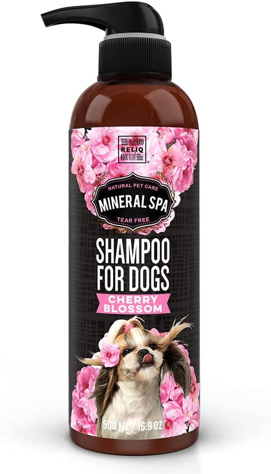 RELIQ Natural Mineral SPA Shampoo Cherry Blossom for Dog/Puppy. No soap no Oatmeal Formula. Tear Free and Long Lasting Odor Control. Super Soft and Shiny Coat After wash.