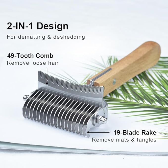 2 in 1 Dogs Cats Detangler Brush,Dematting Comb & Undercoat Rake for Dogs,Efficiently Detangling Shedding Loose Hair & Matted Fur, All Long Haired Pet