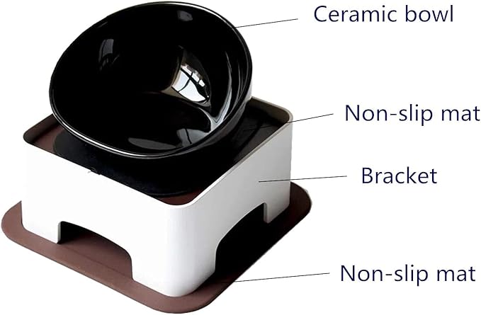 Bulldog Bowl Anti-Slip Dog Cat Dish Detachable Rubber Dog Bowl Pet Sterile Tilted Pet Feeder Slope Base (White（Ceramic Bowl）, 1.5 Cup (Small/Medium Dog))