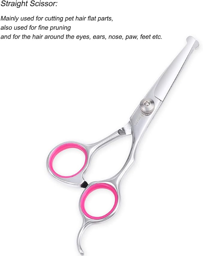 Dog Grooming Scissors Kit with Safety Round Tip, Heavy Duty Stainless Steel Dog Scissors Set Include Straight Scissors, Curved Scissors, Thinning Shears and Comb for Dog Cat Hair Care