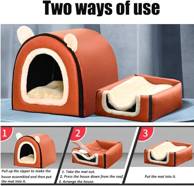 Dog Bed or Cat Bed,2 Ways to Use,Indoor Pet House with Fluffy Mat,Removable and Washable Cover,Splash-Proof House and Non-Slip Bottom,for Medium Dogs and Cats(L Plaid & Gray)