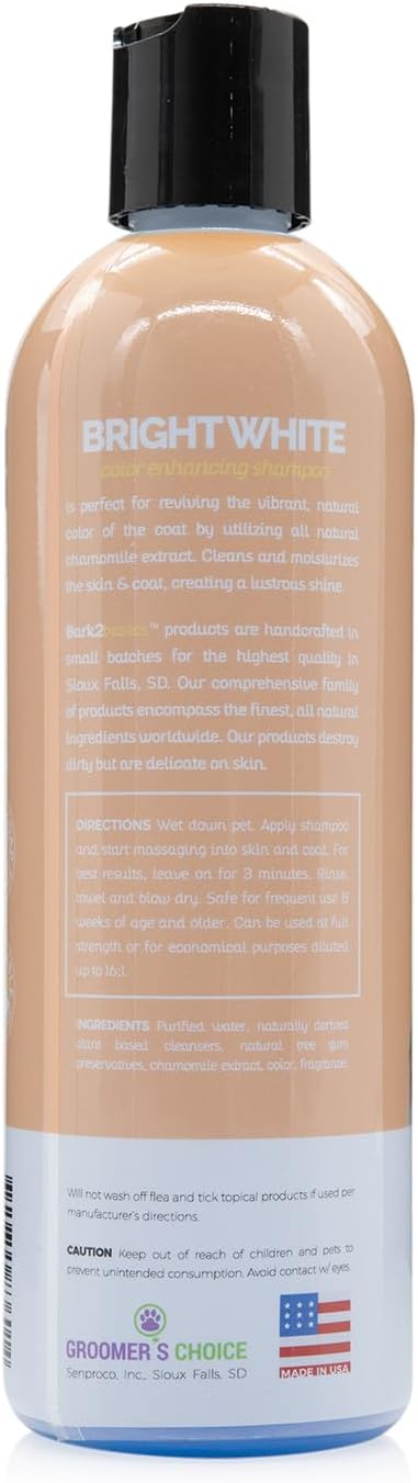 Bark2Basics Brighten White Dog Shampoo 16 oz - Natural, Chamomile, Revives Vibrant Natural Color of Coat, Lustrous Shine, Whitens, Removes Stains, Professional