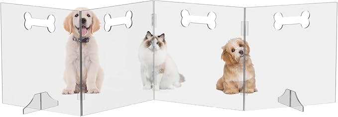 Clear Acrylic Dog Gate, 4 Panel 80" W x 24" H, Transparent Freestanding Pet Playpen Indoor, Foldable Pet Fence Barrier for Doorway with Handle/Support Feet