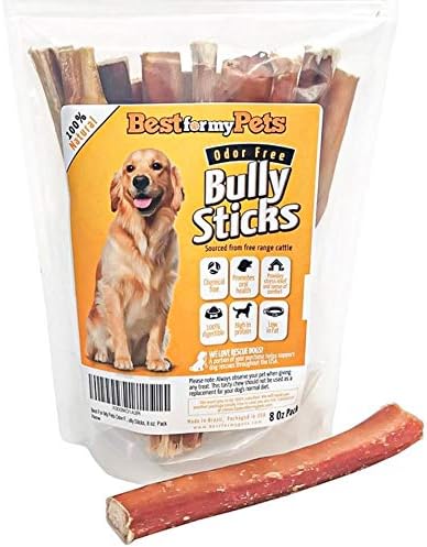 Best For My Pets Odor Free Bully Sticks, Long-Lasting Chews to Keep Puppies and Dogs Happily Busy, All-Natural Fully Digestible, 6-Inch Long, 8-Ounce Bag