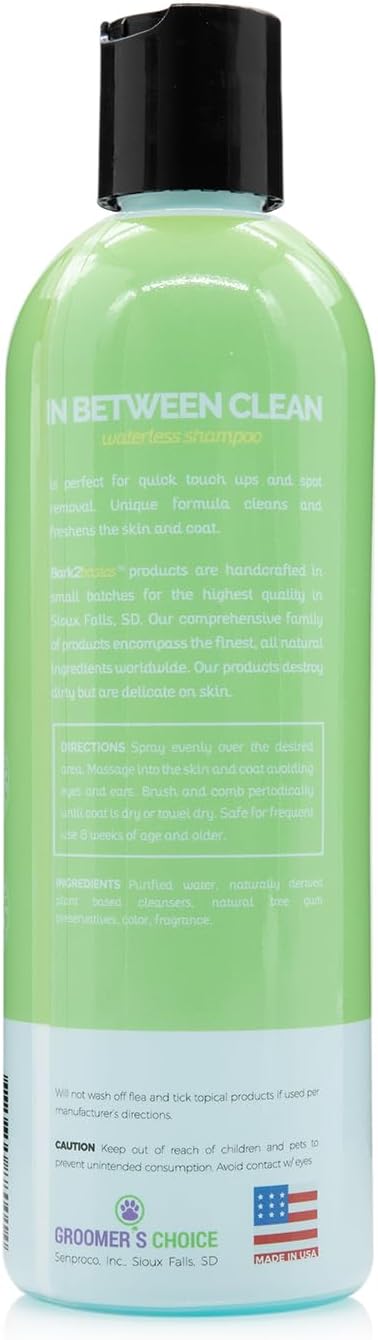 Bark2Basics in Between Clean Waterless Shampoo, 16 oz - No Water Needed, Dry, Natural Ingredients, Cleans and Freshens, Great for Spot Removal and Touch Ups, Professional Grade
