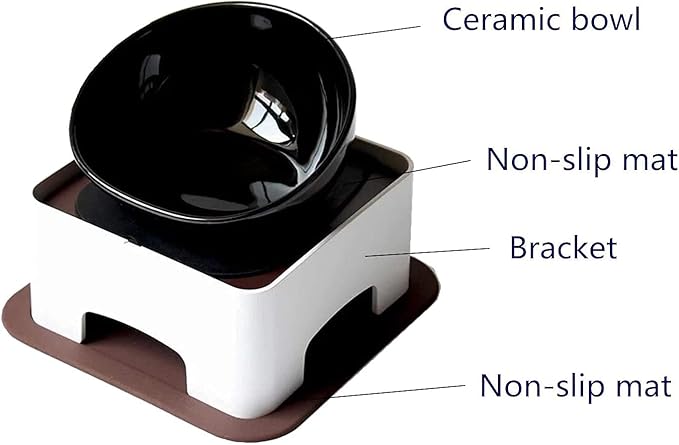 Bulldog Bowl Anti-Slip Dog Cat Dish Detachable Rubber Dog Bowl Pet Sterile Tilted Pet Feeder Slope Base (Black（Ceramic Bowl）, 1.5 Cup (Small/Medium Dog))