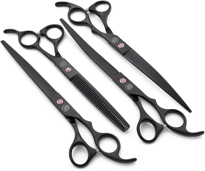 Moontay Professional 8.0" Dog Grooming Scissors Set, 4-pieces Straight, Upward Curved, Downward Curved, Thinning/Blending Shears for Dog, Cat and Pets, JP Stainless Steel, Black