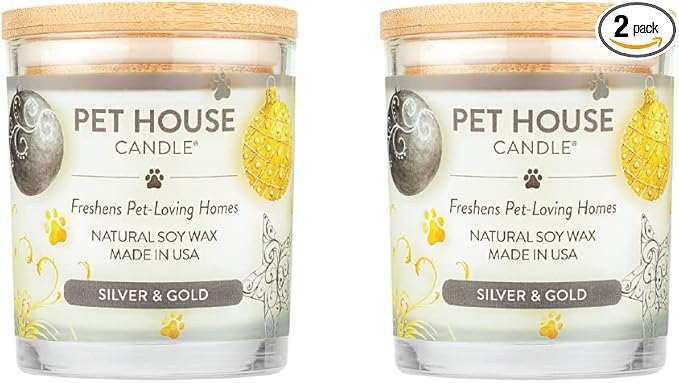 One Fur All Pet House Candle 2 Pack - Plant-Based/Soy Candle - Clean Burning Scented Candles, Long Lasting Pet Odor Candle for Home - Silver & Gold