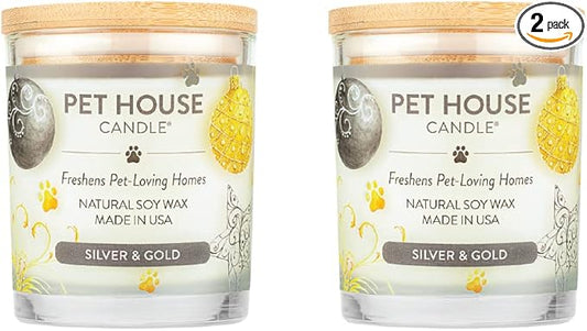 One Fur All Pet House Candle 2 Pack - Plant-Based/Soy Candle - Clean Burning Scented Candles, Long Lasting Pet Odor Candle for Home - Silver & Gold