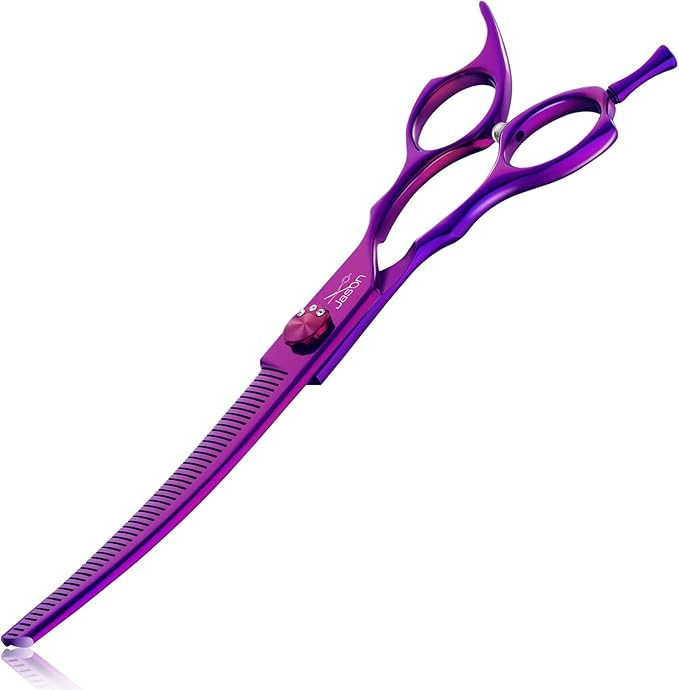 JASON Curved Thinner Dog Scissors - 7” Ergonomic Pet Scissor Purple Curved Thinning Dog Shear 440C Stainless Steel Grooming Shears Professional Pet Shears For Groomer (52-Teeth, Up-curved)