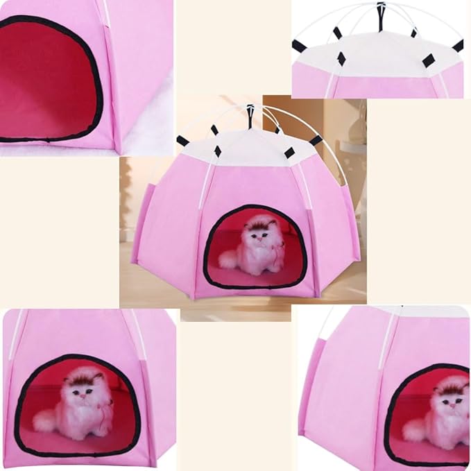Cute Cat Teepee Cave, Cat Tent Foldable Indoor Outdoor with Thick Mat,Puppy Bed Tent,Bunny Pet Tent Teepee,Portable Dog House Teepee Tent, Cat Bed,Dog Bed Tent,Puppy Bunny,Pet Tent Teepee (F, L)
