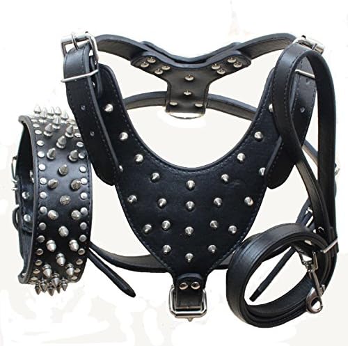 Leather Spiked Studded Harnesses, Collars & Leashes 3Pcs Matching Set for Medium & Large Dogs Pitbull,Mastiff, Boxer, Bull Terrier (Black, M)