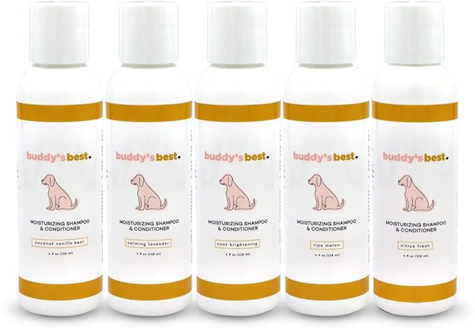 Buddy’s Best 4oz Travel-Size Dog Shampoo and Conditioner with Shea Butter, Oatmeal, Biotin, and Aloe Vera, Alcohol-Free Deep Moisturizer for Dry, Itchy Skin and Coats (Ripe Melon)