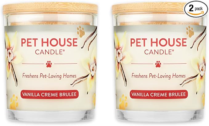 One Fur All Pet House Candle 2 Pack - Plant-Based/Soy Candle - Clean Burning Scented Candles, Long Lasting Pet Odor Candle for Home - Vanilla Crème Brulee