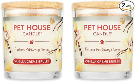 One Fur All Pet House Candle 2 Pack - Plant-Based/Soy Candle - Clean Burning Scented Candles, Long Lasting Pet Odor Candle for Home - Vanilla Crème Brulee