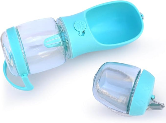 Dog Water Bottle with Food Container Holder, Travel Puppy Drinking Bowl, Portable Pet Water Dispenser, Patented Design, Food Grade Plastic 12 oz Water Bottle+100g Snack cans