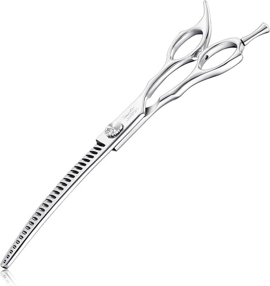 JASON 7" Curved Chunker Dog Scissors - Ergonomic Pet Scissors Silver Curved Dog Shears 440C Stainless Steel Grooming Shears Professional Pet Shears For Groomer (28-Teeth, Down-curved)