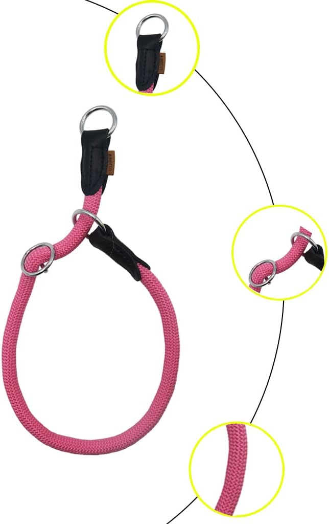 Braided Rope Collar, Pro Training Dog Collar, No Pull Round Martingale Collar, Slip Collar with Slidable Stop Ring - Ideal for Extra Small Dogs (XS (1/4") - 14" Long, Pink)