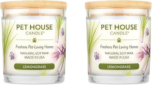 Pet House 9 oz Lemongrass Scented Pet Odor Candle, Clean Burning, Long Lasting, Plant Based Spring, Summer Scented Soy Candles, 60 Hour Burn Time, Pack of 2