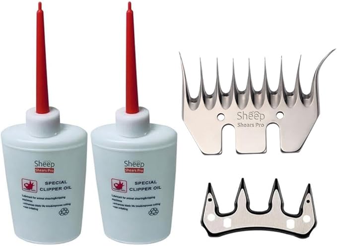 Clipper Blades 9 Tooth Curved Blade Replacement Universal Alpaca Cutter Blades Set (Blade and Cutter) with 2 x Sheep Clipper Oil Lubricant Bottles 6.8 Fl OZ (200ml)