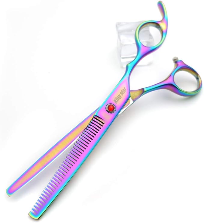 7.0in Titanium Professional Pet Grooming Scissors Set,Straight & Thinning & Curved Scissors 3pcs Set for Dog Grooming,A349 (Rainbow)