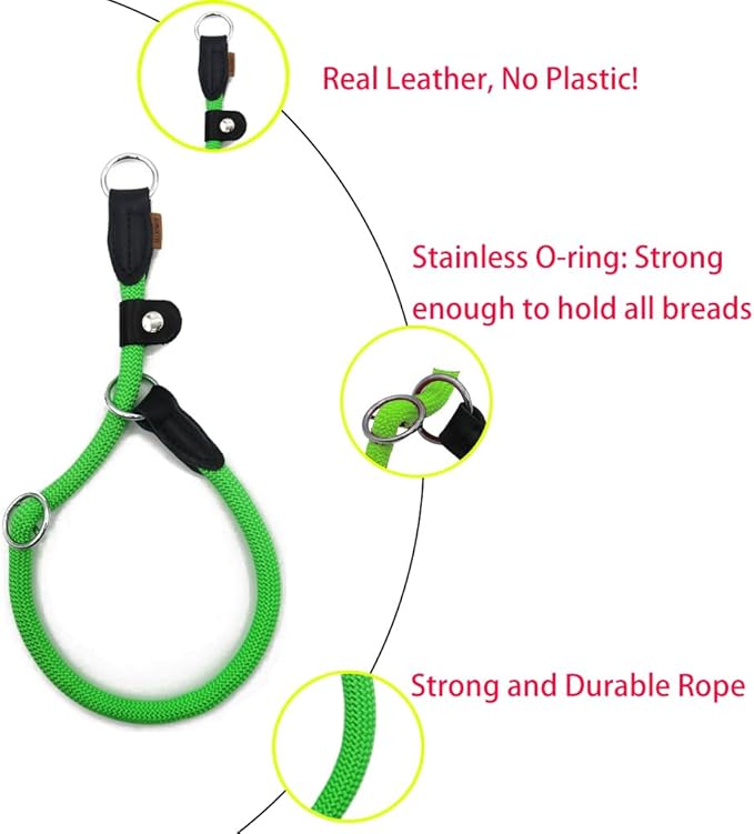 Braided Rope Collar, Training Dog Collar, Round Martingale Collar, Slip Collar with Adjustable Stopper and Slidable Stop Ring - Ideal for Large Dogs (L(1/2") - 20" Long, Light Green)