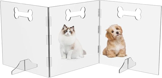 Clear Acrylic Dog Gate, 3 Panel 60" W x 24" H, Transparent Freestanding Pet Playpen Indoor, Foldable Pet Fence Barrier for Doorway with Handle/Support Feet