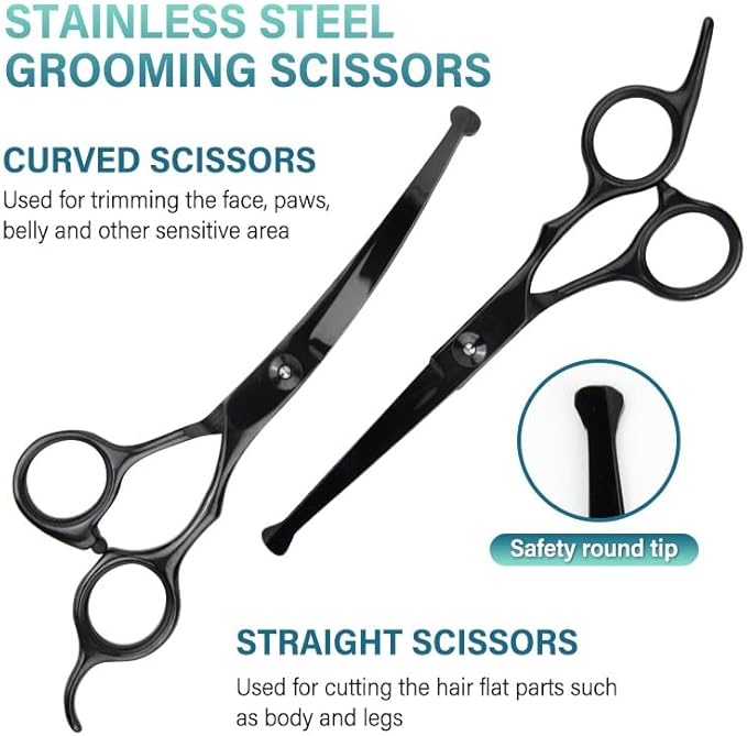 7 Pieces Professional Grooming Scissors Kit with Curved, Thinning, Straight Scissors, Nail Clipper, Nail File and Pet Hair Removal Comb for Pet Dogs & Cats