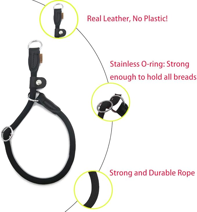 Braided Rope Collar, Training Dog Collar, Round Martingale Collar, Slip Collar with Adjustable Stopper and Slidable Stop Ring - Ideal for Medium Dogs (M(1/3") - 18" Long, Black)