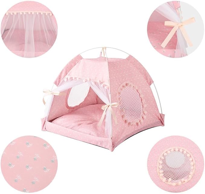 Cat Bed Tents Dog House Indoor Outdoor Lace Mesh Breathable Windows Door Curtains Removable Portable Nest Teepe House (Medium,Pink(Flower))