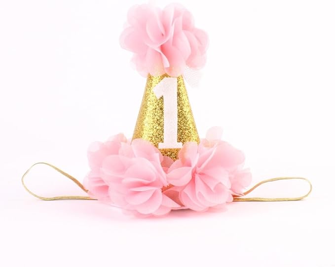 1st Pet Birthday Cone Hat Dogs Cats Holiday Party Hat Headwear Costume with Flowers Accessories and Adjustable Headband for Small Medium Dogs Cats Pets Baby (Pink)