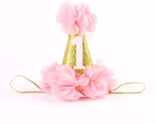 1st Pet Birthday Cone Hat Dogs Cats Holiday Party Hat Headwear Costume with Flowers Accessories and Adjustable Headband for Small Medium Dogs Cats Pets Baby (Pink)
