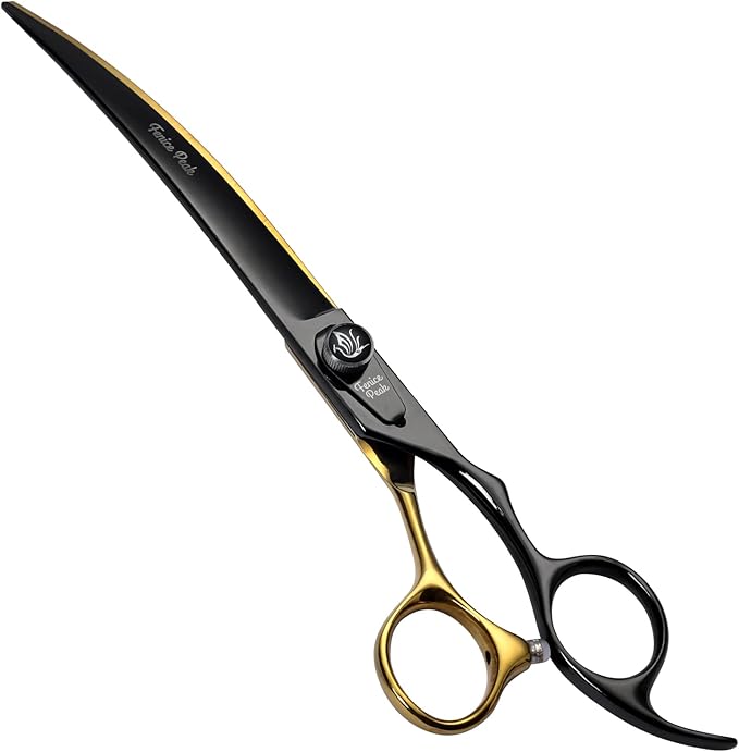 Fenice Peak 7'' Black Dog Grooming Scissors Goldern Curved Scissors with Ergonomic Offest Handle and Pattern Screw Pet Grooming Trimming Shears Durable and Sharp 440C