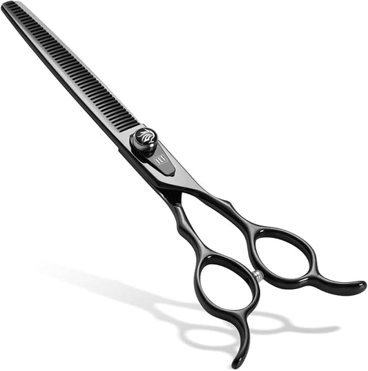 Dog Grooming Scissors: 7.5 inch Bright Black Pet Chunker Shears Made Of Japanese 440C Advanced Stainless Steel Professional Grooming Scissors for Dogs Cats and Other Pets
