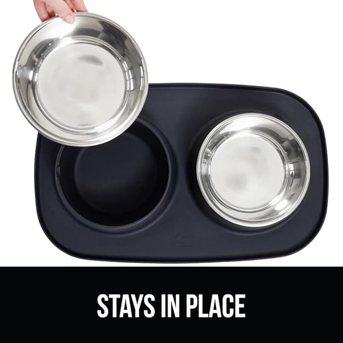 GORILLA GRIP Patent Pending 100% Waterproof BPA Free 4 Cup Cat and Dog Bowls Silicone Feeding Mat Set, Stainless Steel Bowl Slip Resistant Raised Edges, Catch Water, Food, Pet Accessories, Black
