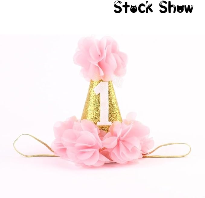 1st Pet Birthday Cone Hat Dogs Cats Holiday Party Hat Headwear Costume with Flowers Accessories and Adjustable Headband for Small Medium Dogs Cats Pets Baby (Pink)