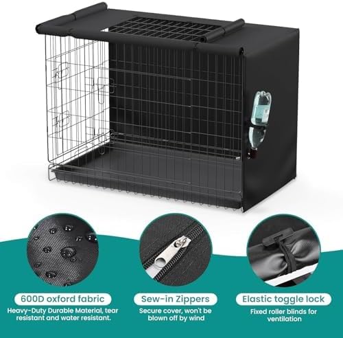 Dog Crate Cover, Kennel Cover Fits 48 Inch Wire Crate, Heavy Duty 600D Oxford Fabric Dog Cage Cover with Top Window and Drinking Hole Design, Black