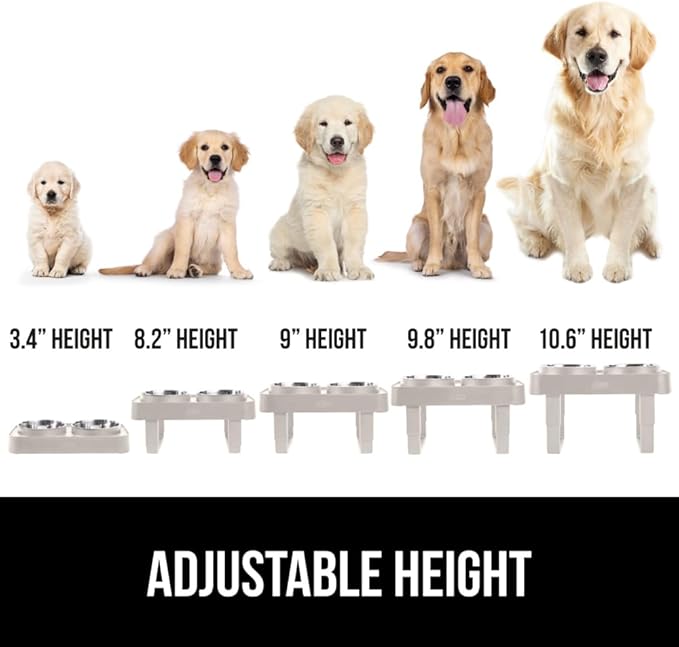 GORILLA GRIP Elevated Dog Bowls Stand, 6 Cup Stainless Steel Food Bowl Set of 2, 5 Height Adjustable Raised Feeding Station for Small Breed Puppy Dogs and Cats, Medium, Large Sized Pets Feeder, Beige