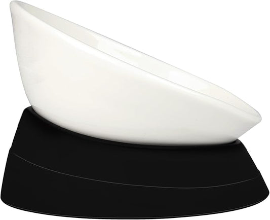 Bulldog Bowl Anti-Slip Dog Cat Dish Detachable Ceramic Pet Sterile Tilted Pet Feeder Slope Base (White Ceramic Bowl, 2 Cup)
