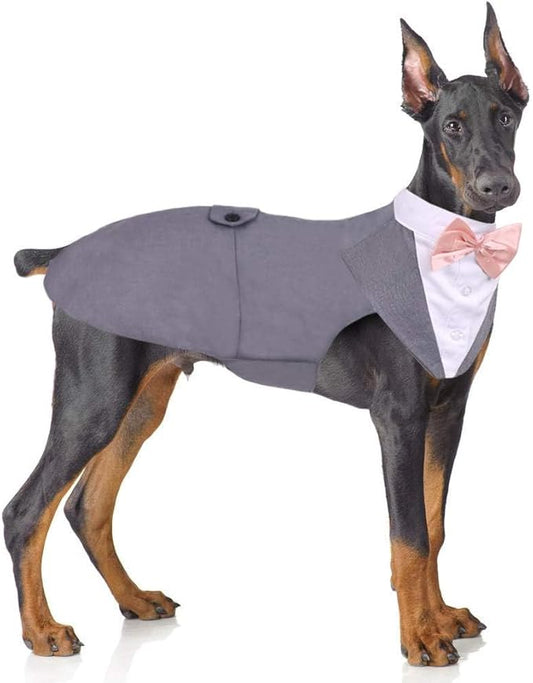 PUMYPOREITY Dog Tuxedo and Bandana Set, Formal Gentleman Dog Attire with Bowtie for Weddings, Birthdays, 2 Pieces/Pack, L, Grey