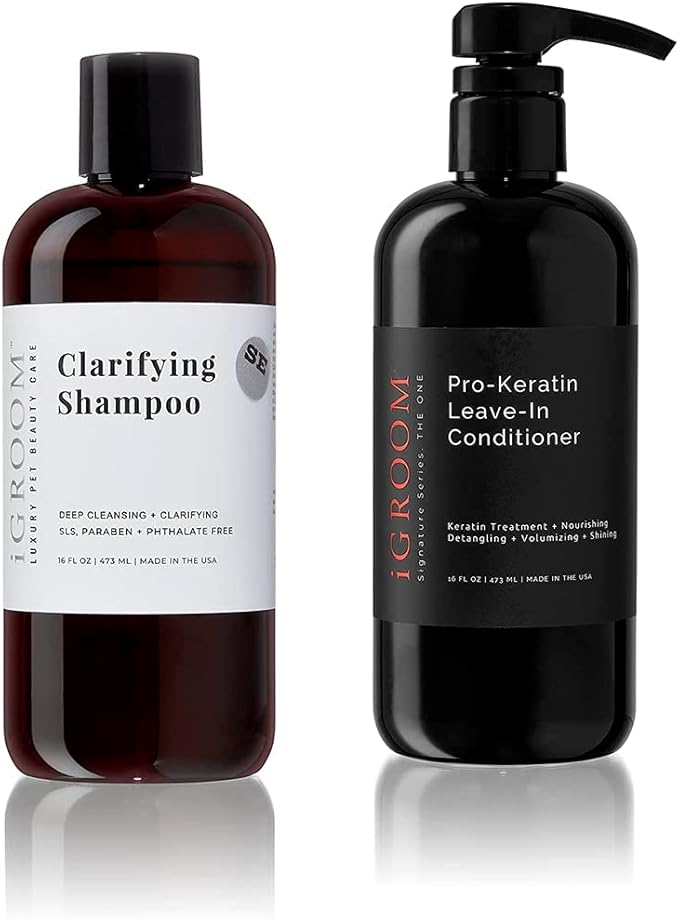 iGroom Dog Shampoo + Dog Conditioner Groomers Bundle - Clarifying Dog Shampoo, Gentle Cleansing, Sooth and Protect Coat, 16 oz - Pro-Keratin Leave-in Dog Conditioner, Excellent Detangling, 16 oz